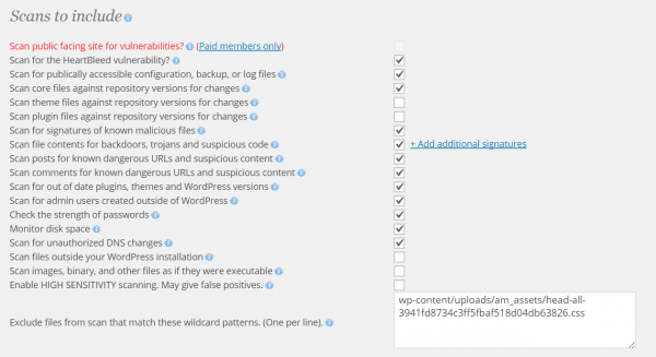 scan settings for wordfence security plugin