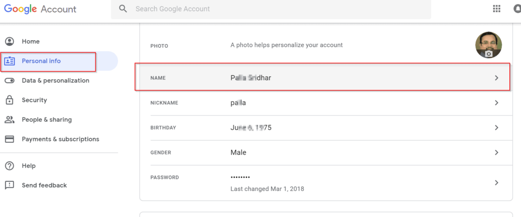 Google Account Personal Info