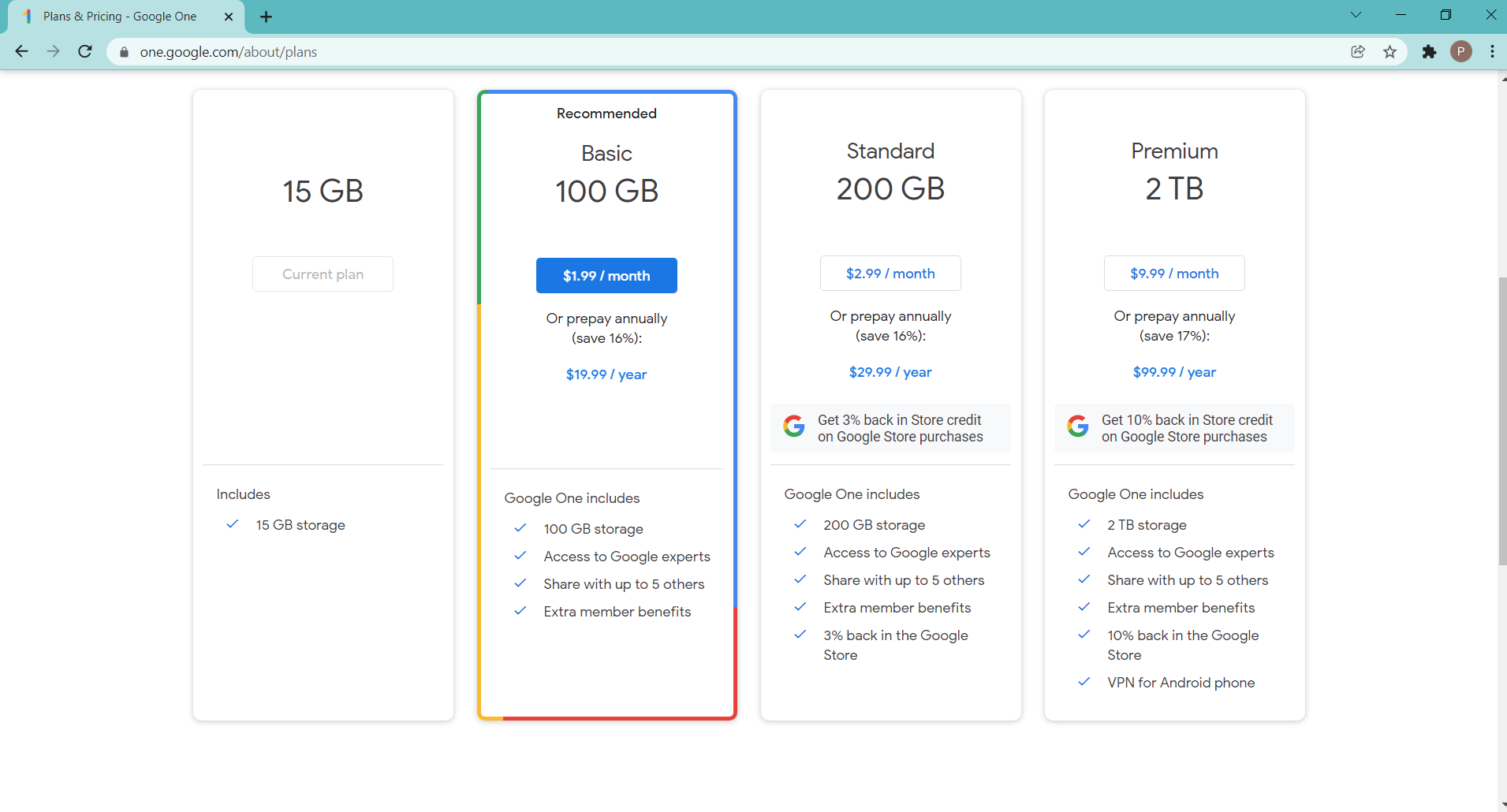 Google One Us Pricing