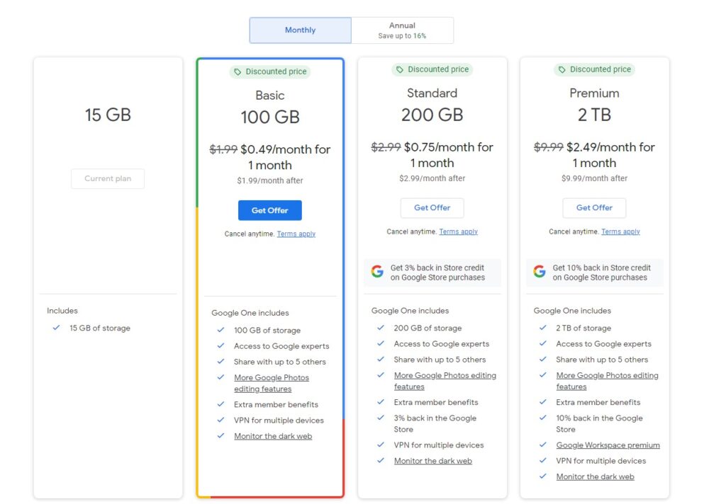 Google Drive Pricing Monthly